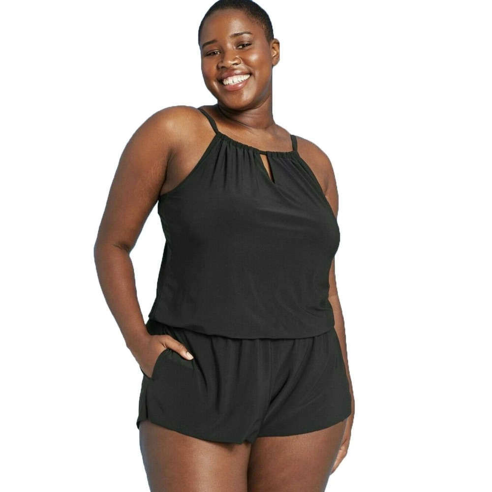 Romper Swimsuit‎ Shelf Bra High Neck Blouson Keyhole Black Beach Womens 2X 20W